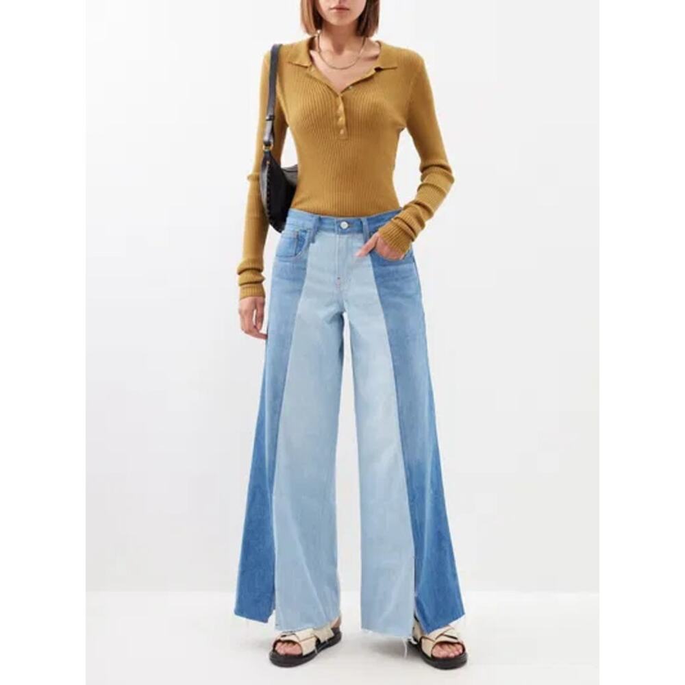 Frame Cotton Denim Split Seam Wide Leg Jeans Two-Toned Blue Women's Size 24 - Picture 1 of 9